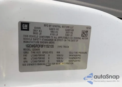 2015 Chevrolet Express 2500 Work Van z USA, uszkodzony, nr VIN 1GCWGFCF8F1152135